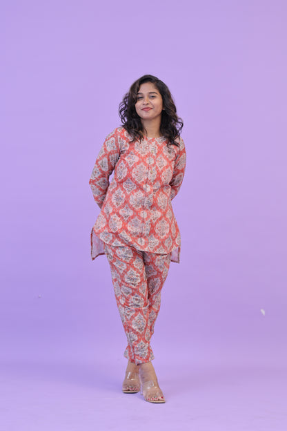 SUNNY-FLORAL-cotton co-ord-PEACH MUGHAL