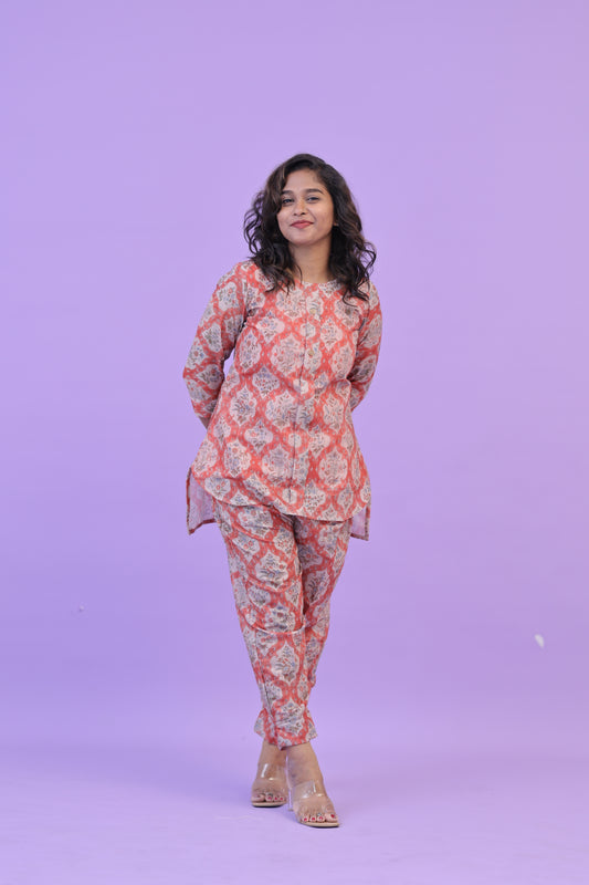 SUNNY-FLORAL-cotton co-ord-PEACH MUGHAL