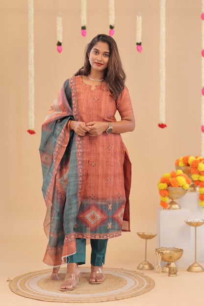 SEMI JUTE - RUST OLIVE Kurti set