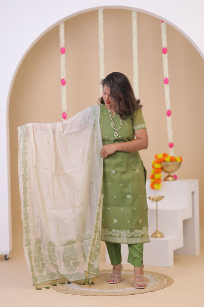 LUX-NIRANJANA-OLIVE-JAMDHANI-3 pc set