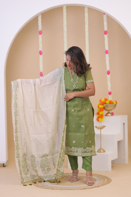 LUX-NIRANJANA-OLIVE-JAMDHANI-3 pc set