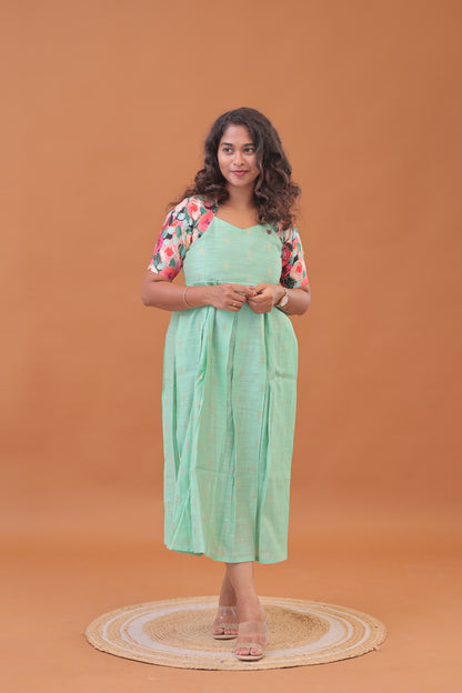 RAW SILK GOWN-PG/KALAMKARI/SEA