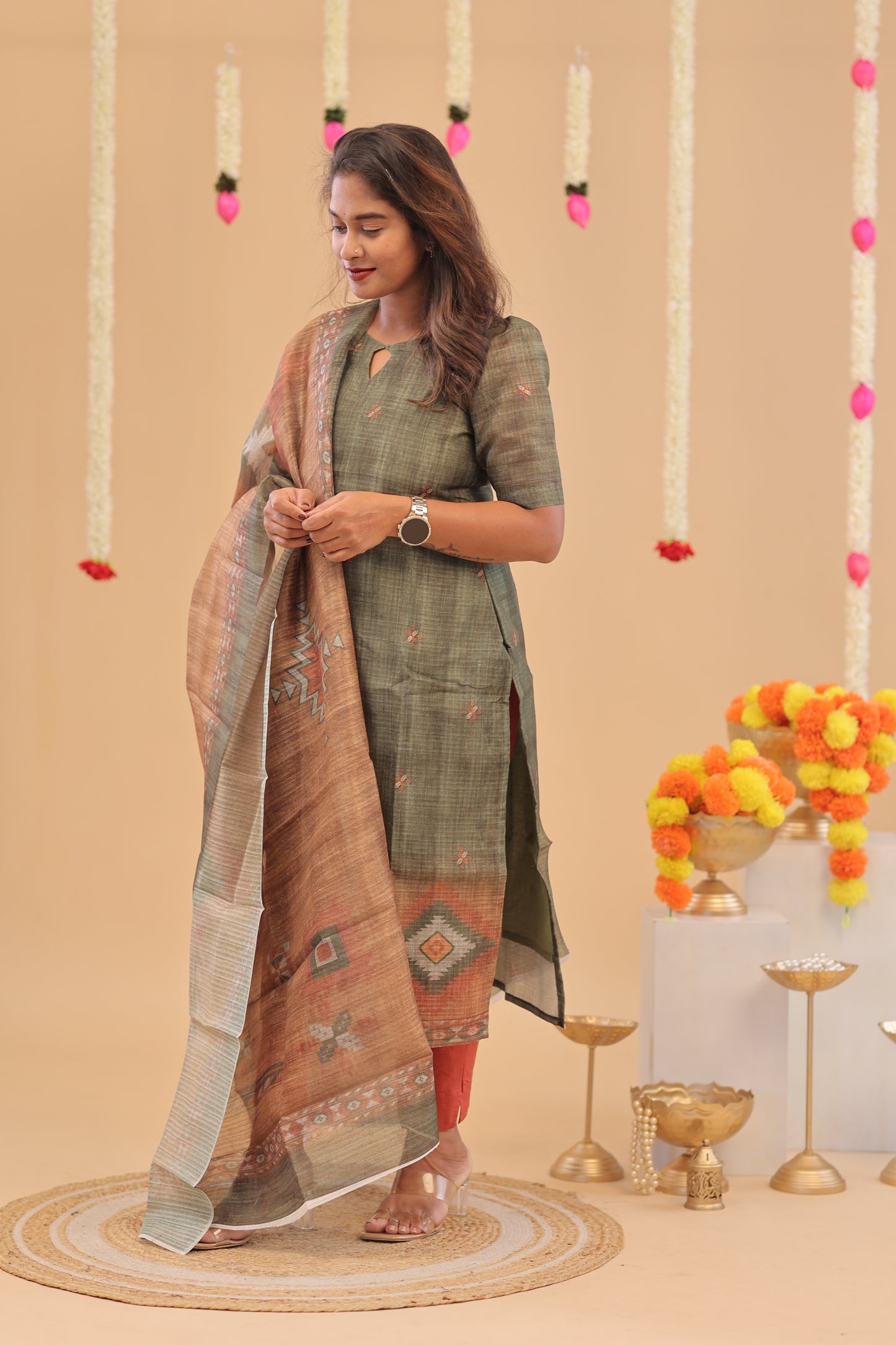 SEMI JUTE - OLIVE MUSTARD Kurti set