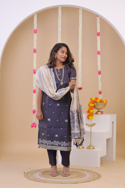 LUX-NIRANJANA-NAVY BLUE-JAMDHANI-3 pc set