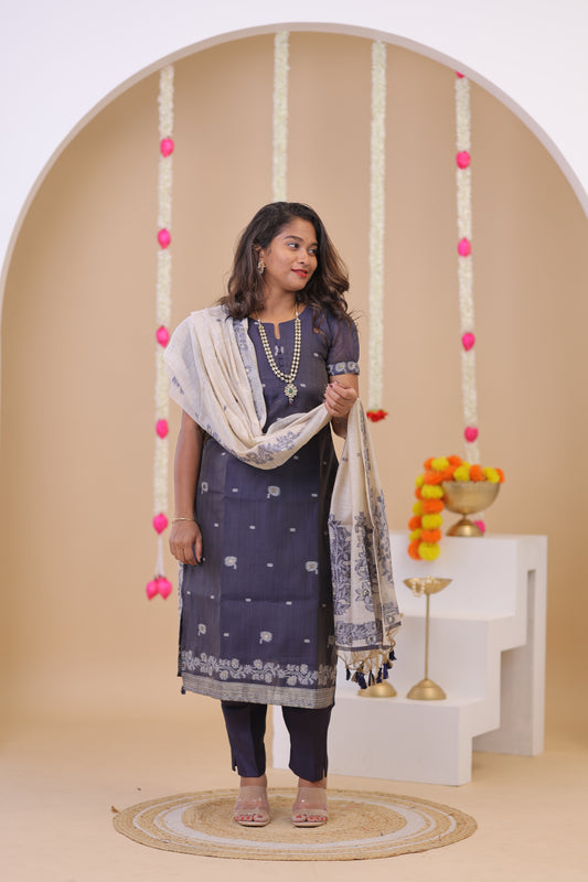 LUX-NIRANJANA-NAVY BLUE-JAMDHANI-3 pc set